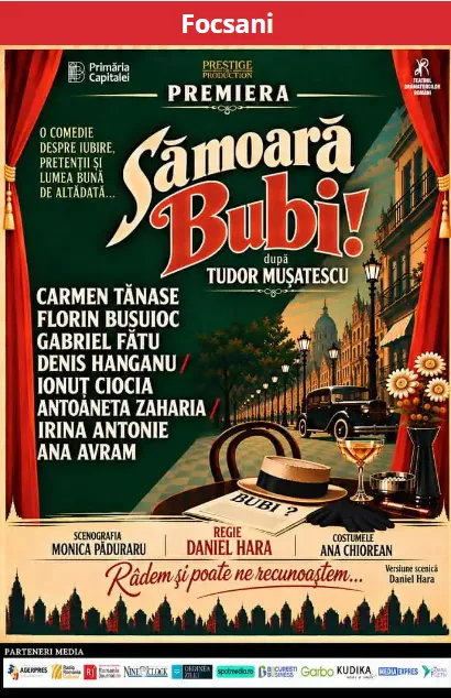 Carmen Tănase și Florin Busuioc vin la Focșani cu spectacolul „Să moară Bubi!” - Actualitatea Vranceana